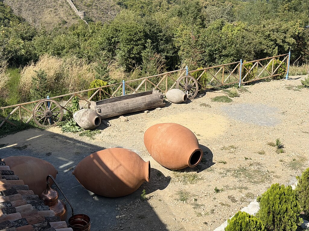 große Weintonfässer (Qvevri) in Signaghi liegen im Garten. Dahinter ist ein Holzzaun, Wald am Hang und die Stadtmauer.